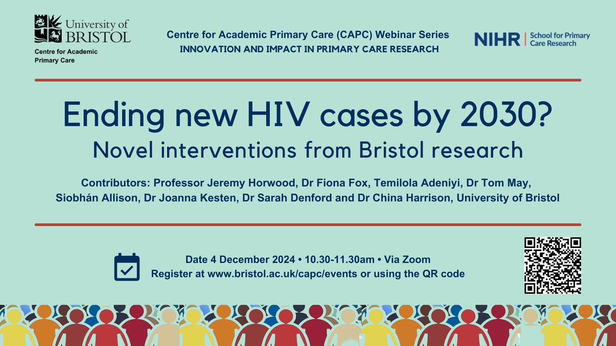 NIHR HPRU in Evaluation and Behavioural Science (@hpru_ebs) on Twitter photo 📅New event!📅How can we help meet the government's 2030 #HIV elimination goal? <a href="/JPHorwood/">Jeremy Horwood</a>, & more are hosting this free webinar to learn about novel interventions developed from #Bristol research. 4 Dec 24, via Zoom. Book📷bit.ly/4e6Zbyn #SexualHealth 📅New event!📅How can we help meet the government's 2030 #HIV elimination goal? <a href="/JPHorwood/">Jeremy Horwood</a>, & more are hosting this free webinar to learn about novel interventions developed from #Bristol research. 4 Dec 24, via Zoom. Book📷bit.ly/4e6Zbyn #SexualHealth