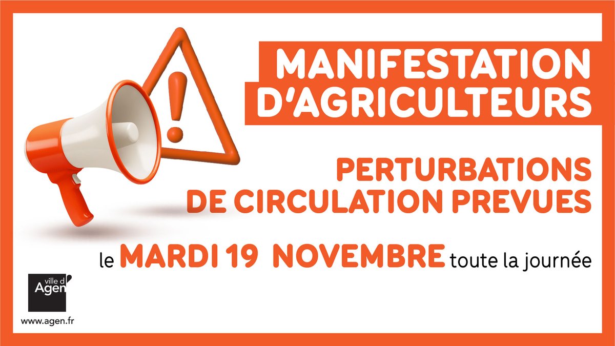 [📢INFO à 10h30] Manifestation Agricole à Agen du mardi 19 novembre 2024.

🚧 Fermeture de la voie sur berge entre Camélat et Saint-Jacques. 

Soyez prudent.