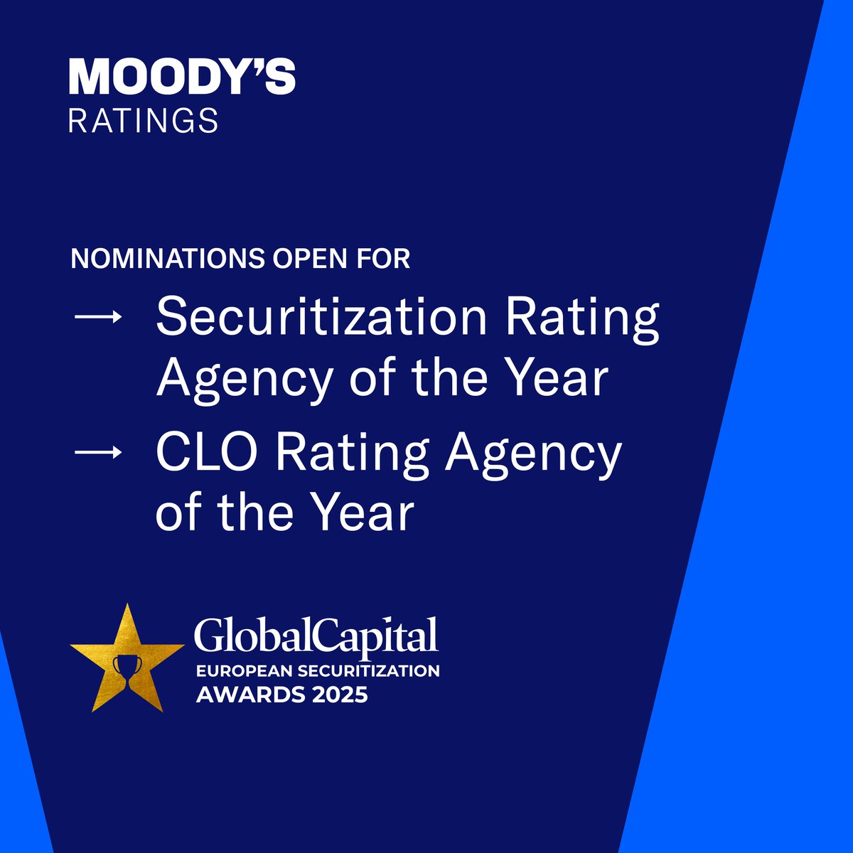 moodysratings's tweet image. GlobalCapital European Securitization Awards 2025 nominations are now open. If you value Moody’s Ratings contribution to the European securitization markets, we would welcome your support. 👉 Make your nominations here: mdy.link/4eB2eiG

#Securitization #GlobalCapital