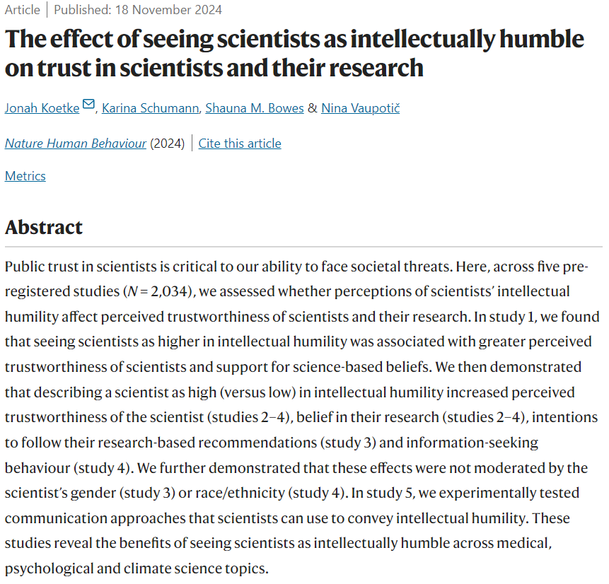 Environmental Psychology Vienna (@envpsyvienna) on Twitter photo Exciting new paper, with a contribution from <a href="/VaupoticN/">Nina Vaupotič</a> from our team!
In 5 preregistered experiments, the research team shows that scientists who acknowledge their own knowledge limits are seen as more trustworthy 🔎🧠
➡️doi.org/10.1038/s41562… Exciting new paper, with a contribution from <a href="/VaupoticN/">Nina Vaupotič</a> from our team!
In 5 preregistered experiments, the research team shows that scientists who acknowledge their own knowledge limits are seen as more trustworthy 🔎🧠
➡️doi.org/10.1038/s41562…