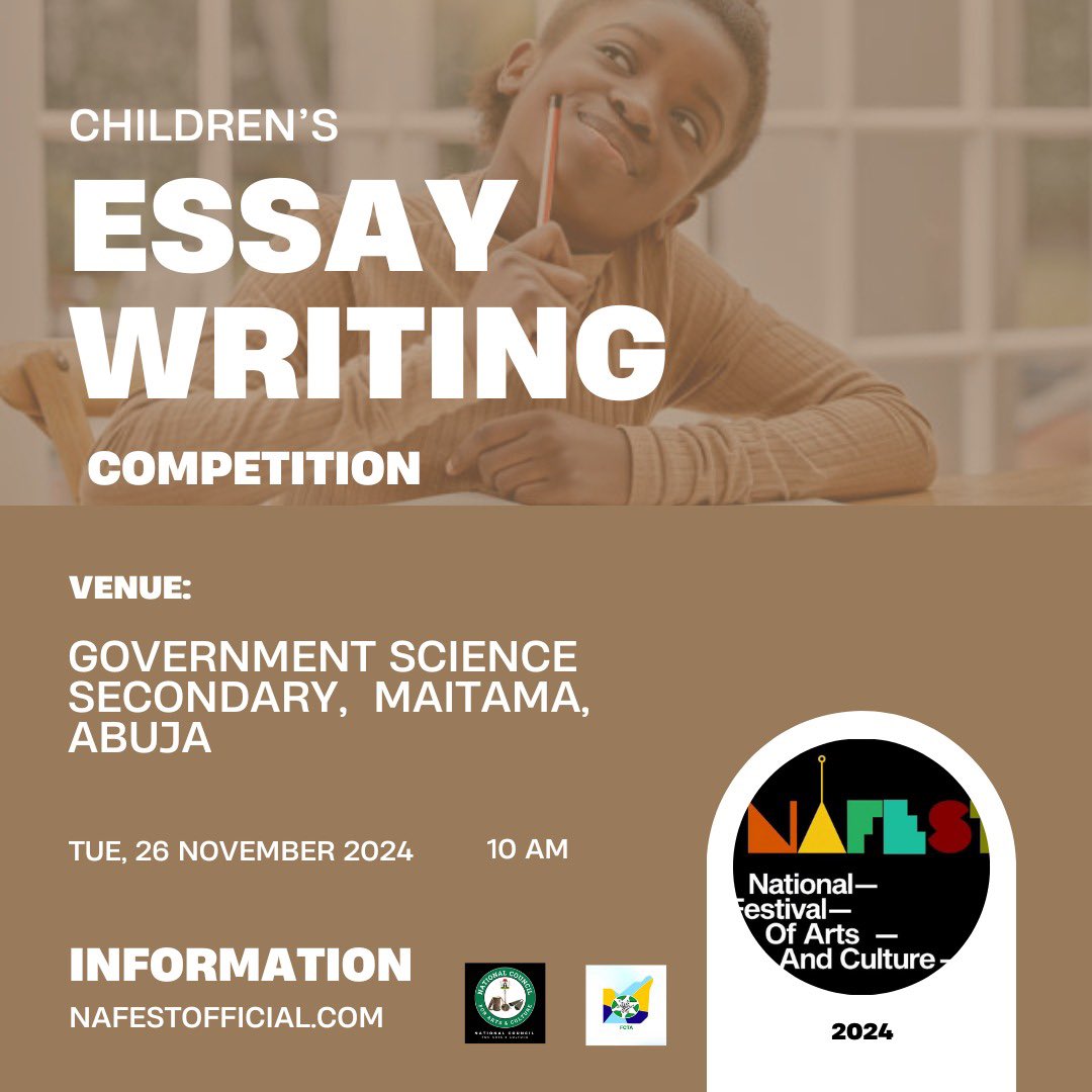 festus1501's tweet image. The Essay Writing Competition at NAFEST 2024 will be held at Government Science Secondary School, Maitama on November 26th. Don&apos;t miss out on this amazing opportunity to express your
thoughts!l
#NAFEST2024
#ConnectedCulture #EssayContest
#StudentCreativity #Abuja
@NAFESTOnline