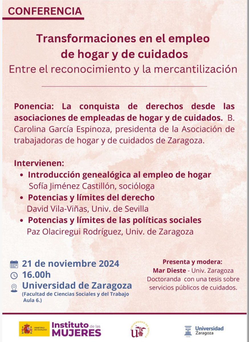 Este jueves continúa el III Seminario de
<a href="/fabrica_lo/">La Fábrica de lo Social</a>, con su segunda sesión este jueves, 21 de noviembre, en el aula 6 de <a href="/fcst_unizar/">Facultad de Ciencias Sociales y del Trabajo</a>. A las 16.00. Aprenderemos y debatiremos sobre los cambios en el empleo doméstico y de cuidados. Os esperamos.