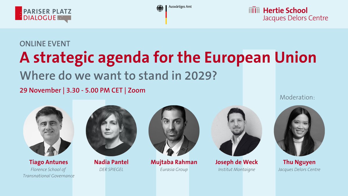 Jacques Delors Centre (@delorsberlin) on Twitter photo 🗓️Where do we want to stand in 2029? Next Friday, 3.30 PM, we wrap up the #PariserPlatzDialogue with an online panel summarising the discussions. Joining us are <a href="/tiagoant/">Tiago Antunes</a>, <a href="/Mij_Europe/">Mujtaba Rahman</a>, <a href="/JosephdeWeck/">Joseph de Weck</a> & Nadia Pantel, moderated by <a href="/onethuthree/">Thu Nguyen</a>. Register now 👉delorscentre.eu/en/events-at-t… 🗓️Where do we want to stand in 2029? Next Friday, 3.30 PM, we wrap up the #PariserPlatzDialogue with an online panel summarising the discussions. Joining us are <a href="/tiagoant/">Tiago Antunes</a>, <a href="/Mij_Europe/">Mujtaba Rahman</a>, <a href="/JosephdeWeck/">Joseph de Weck</a> & Nadia Pantel, moderated by <a href="/onethuthree/">Thu Nguyen</a>. Register now 👉delorscentre.eu/en/events-at-t…
