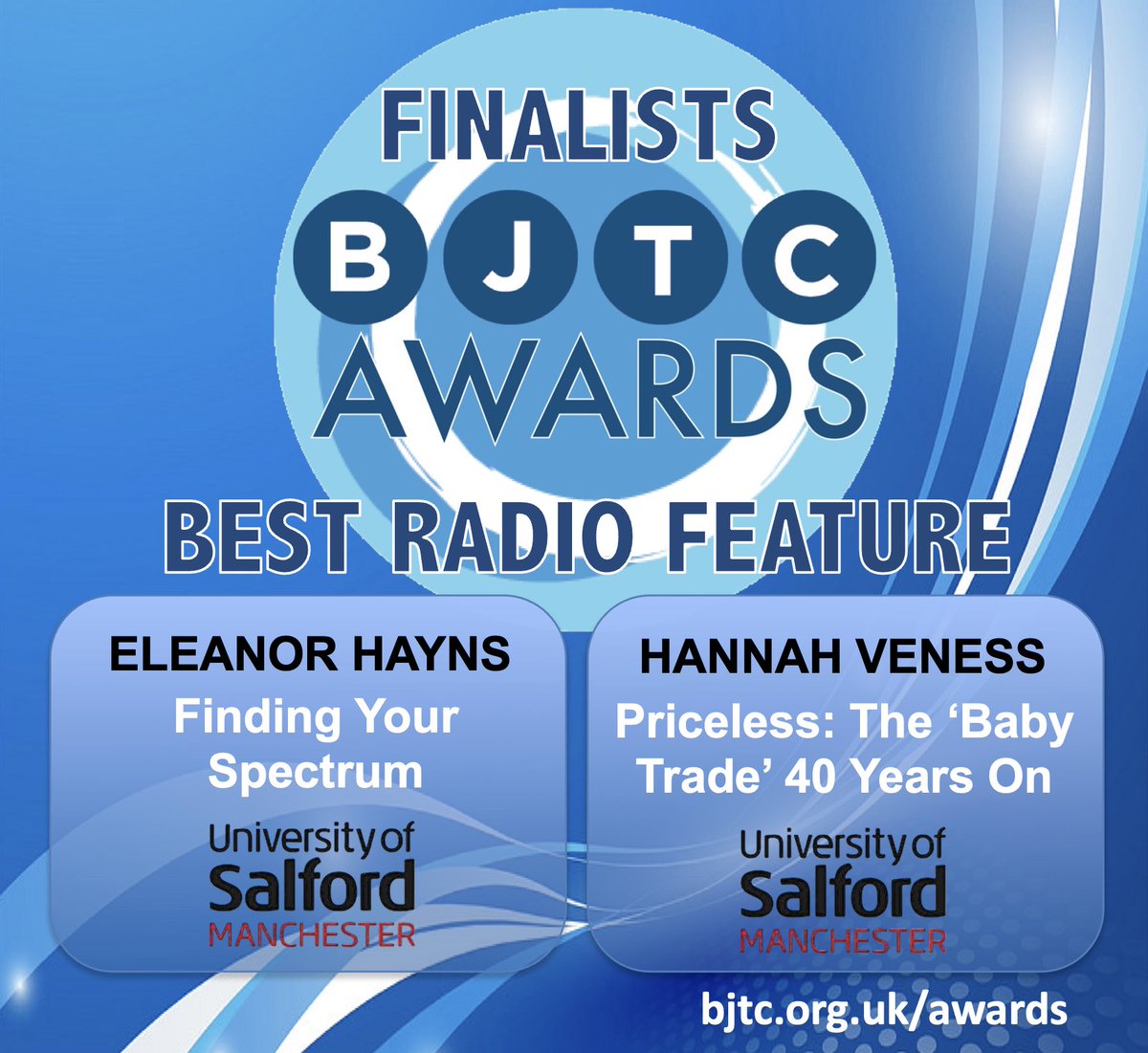 BJTC - Industry Accredited Journalism Courses (@bjtc_uk) on Twitter photo Congratulations! BJTC Journalism Award #bjtcawards finalists for BEST RADIO FEATURE <a href="/hannahveness1/">Hannah Veness</a> and Eleanor Hayns from <a href="/UoSJournalism/">Salford Journalism</a> See more bjtc.org.uk/awards Congratulations! BJTC Journalism Award #bjtcawards finalists for BEST RADIO FEATURE <a href="/hannahveness1/">Hannah Veness</a> and Eleanor Hayns from <a href="/UoSJournalism/">Salford Journalism</a> See more bjtc.org.uk/awards