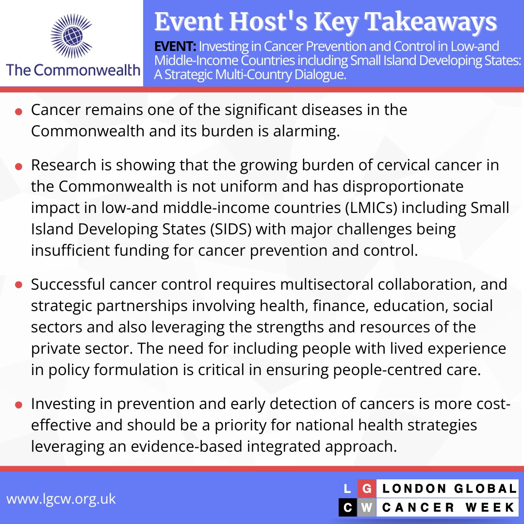 London Global Cancer Week (@lgcw2024) on Twitter photo Read the Key Takeaways from the event: Investing in Cancer Prevention and Control in Low-and Middle-Income Countries including Small Island Developing States: A Strategic Multi-Country Dialogue. Hosted by <a href="/commonwealthsec/">The Commonwealth</a> #CancerPrevention #GlobalHealth #EquityInHealth #LGCW2024 Read the Key Takeaways from the event: Investing in Cancer Prevention and Control in Low-and Middle-Income Countries including Small Island Developing States: A Strategic Multi-Country Dialogue. Hosted by <a href="/commonwealthsec/">The Commonwealth</a> #CancerPrevention #GlobalHealth #EquityInHealth #LGCW2024