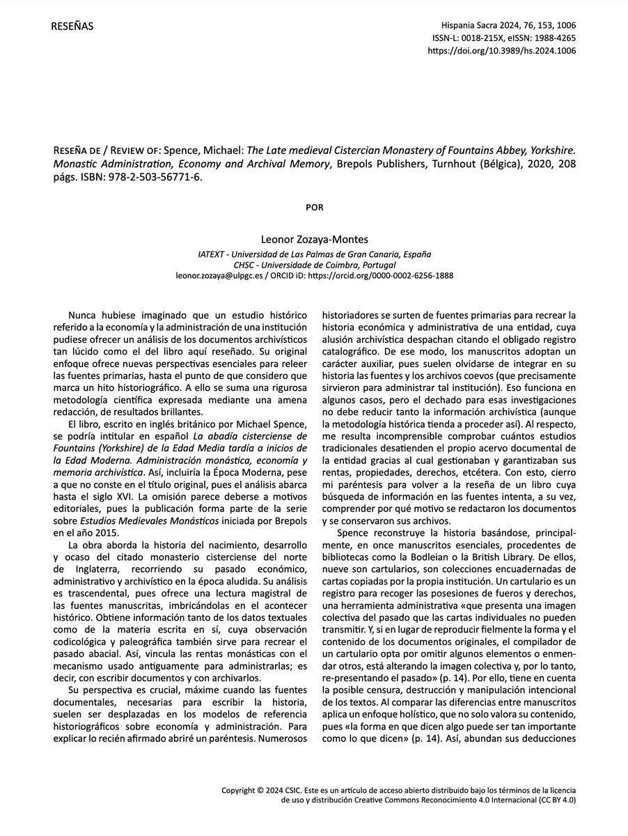 LeonorZozaya's tweet photo. Aquí el 🔗 de mi reseña publicada por la revista #HispaniaSacra (#CSIC ¡gracias!) sobre el libro de #MichaelSpence (#Brepols), un hito historiográfico que aúna la historia económica y admin. de un #MonasterioCisterciense con la de sus archivos y docums.:
https://t.co/Q076mS9Iv3 https://t.co/vU6Y6lzMVi