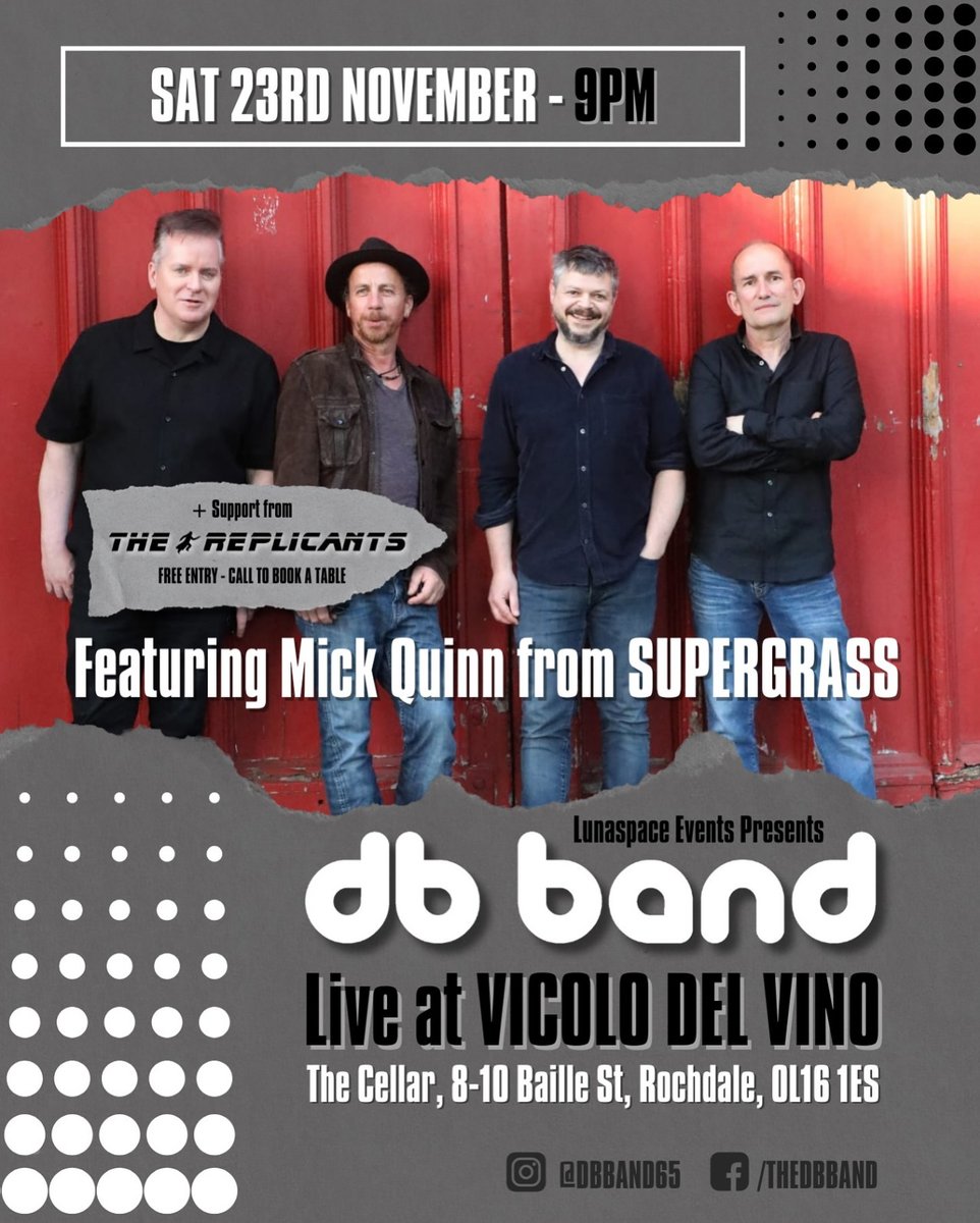 This Friday (22nd Nov), catch us at The Parish, Huddersfield (<a href="/ParishHudd/">Parish</a>), supporting the one &amp; only Johnny Moped.
The Replicants are now confirmed support for <a href="/Vicolowine/">Vicolo Del Vino</a>  on Saturday 23rd.
See y'all there.