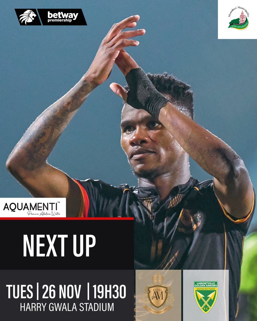 RoyalAM_FC (@ramfc_sa) on Twitter photo ⚫️🟡 𝐍𝐞𝐱𝐭 𝐔𝐩⚫️🟡
🆚 <a href="/goldenarrowsfc1/">Lamontville Golden Arrows FC</a>
🗓️ Tuesday 26 Nov
⏰ 19h30
🏟️ Harry Gwala Stadium
🏆 Betway Premiership
🎫 @ticketproza for Tickets.
Buy tickets : ticketpros.co.za/portal/web/ind…
#royalam #thwihlithwahla #nextmatch ⚫️🟡 𝐍𝐞𝐱𝐭 𝐔𝐩⚫️🟡
🆚 <a href="/goldenarrowsfc1/">Lamontville Golden Arrows FC</a>
🗓️ Tuesday 26 Nov
⏰ 19h30
🏟️ Harry Gwala Stadium
🏆 Betway Premiership
🎫 @ticketproza for Tickets.
Buy tickets : ticketpros.co.za/portal/web/ind…
#royalam #thwihlithwahla #nextmatch