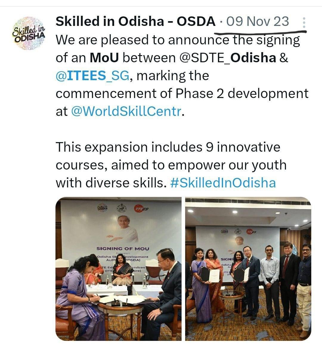 DrLekhaShree's tweet photo. Today Odisha Chief minister visited #ITEES in #Singapore and commended  "Odisha’s remarkable journey in skill development through international collaborations"

But I wish to remind the Chief Minister & Skill Development Minister that they are eating the fruit from the tree planted by erstwhile CM Shri Naveen Patnaik way back in 2017 and should atleast acknowledge the fact. 

The MoUs with ITEES in 2017 and with WSC  in 2023 shows the vision of @Naveen_Odisha Babu to make Odisha a world class skill hub. 

The so called double engine BJP government is only going to Singapore for the photo opportunity. 

@CMO_Odisha