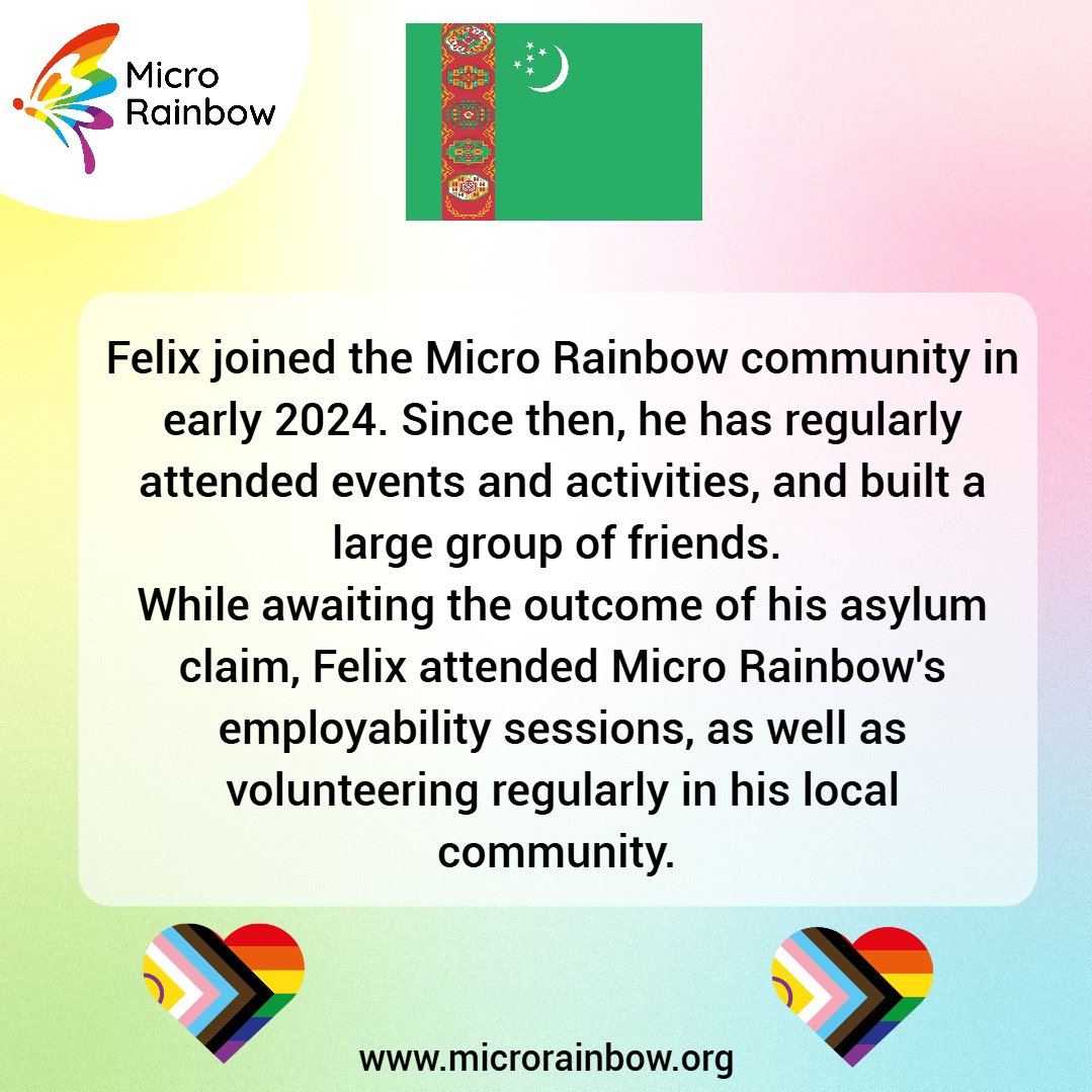 Felix is a #gay man from #Turkmenistan. He has been an active member of the Micro Rainbow community since early 2024, and we are happy to announce that he has just got his #refugee status!
microrainbow.org/become-an-ally