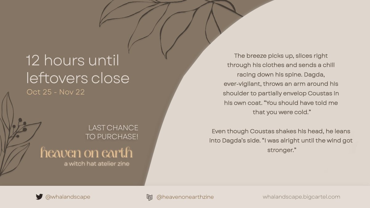 whalandscape's tweet photo. 🌿 LEFTOVERS: 12 HOURS LEFT 🌿

Clocks ticking! Half a day to get your orders in 💚

🛒 https://t.co/Sh1vkUSAGv
#witchhatatelier #Δ帽子 https://t.co/AD3X8UDdvn