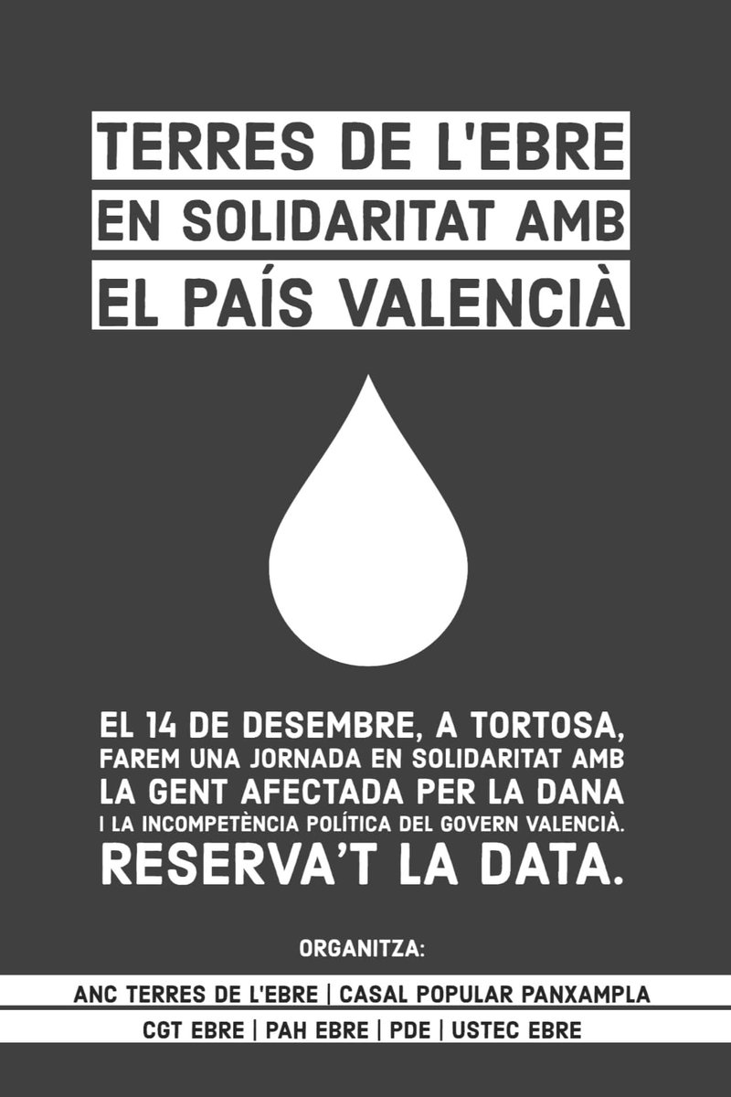📢ATENCIÓ!!!
Diversos col·lectius ens estem organitzant en una jornada solidària amb el País Valencià!!!
Reserva't el dissabte 14 de desembre a la teua agenda. Recaptarem fons per a les persones afectades per la DANA.
Les #TerresdelEbre en solidaritat amb el País valencià!💪