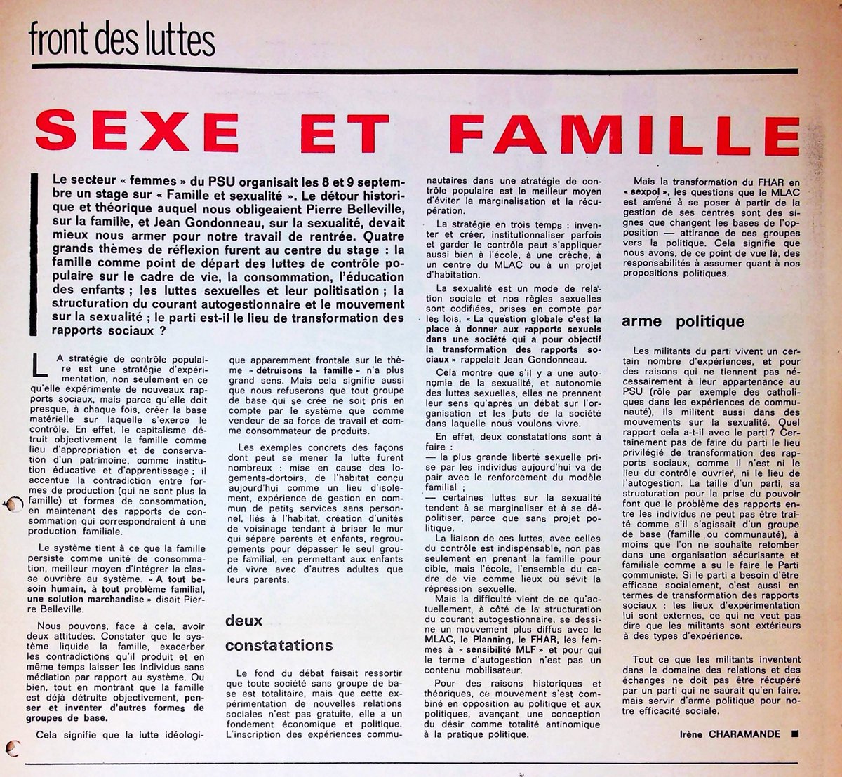 "Le système tient à ce que la famille persiste comme unité de consommation, meilleur moyen d'intégrer la classe ouvrière au système. A tout besoin humain, une solution marchandise". Le secteur ♀️ du PSU démasquait déjà en 1973 les logiques sexistes capitalistes du natalisme.⤵️