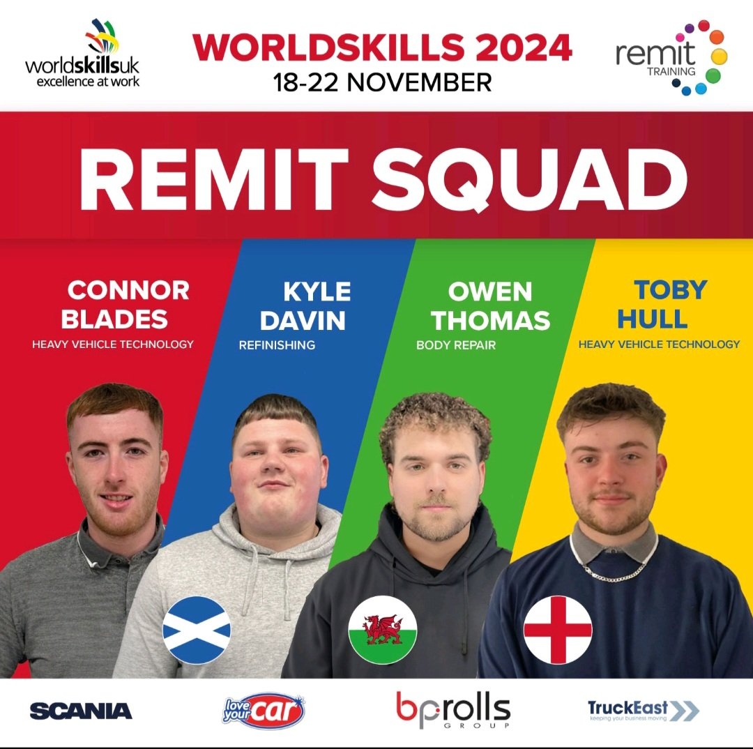 RemitTraining's tweet image. 👏SQUAD 👏 SQUAD 👏SQUAD #WSC2024

It's WorldSkills UK National Finals week!!! WE'RE SO PROUD.

 GOOD LUCK 
🦸 @ScaniaUK Connor Blades
🦸 Love Your Car Kyle Davin
🦸@TruckEast Toby Hull 
🦸 @bprollsgroup Owen Thomas

Competing across #HGV technology, #refinishing and #bodyrepair
