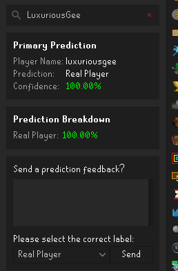 dracoenixflames's tweet photo. #Update on LuxuriousGee: According to RuneLite's Bot Detector, I'm 100% a real player (thanks, data nerds ♥). Feels weird to be flagged by Jagex when this plugin is kinda accurate, right? Anyway, Day 2 of the appeal grind continues! Appreciate the support.🙏 #OSRS #RuneLite @JagexSupport @JagexHooli @JagexBruno