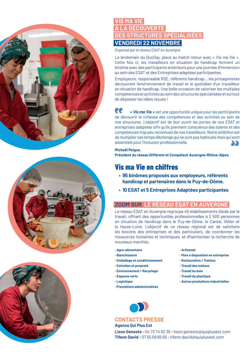 « #DUODAY &amp; VIS MA VIE HANDICAP ET EMPLOI : 2 JOURNÉES POUR CHANGER LES REGARDS !

À l’occasion de la Semaine Européenne de l’Emploi des Personnes Handicapées (#SEEPH), les #ESAT du Puy-de-Dôme organisent 2 initiatives immersives : « DuoDay », 21/11 et « Vis ma Vie », 22/11.