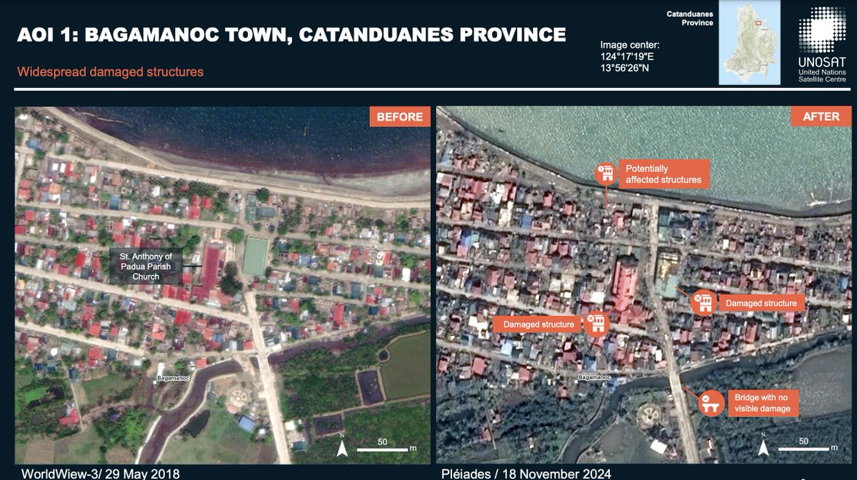 UNOSAT's tweet image. 🇵🇭 Impact Update: Catanduanes, Philippines (19 Nov 2024) — Satellite analysis reveals widespread structural damage in the province.

No flooding observed; Virac Airport and Port remain undamaged.

📸unosat.org/products/4027

#Philippines #DisasterUpdate #UNOSAT #EMS