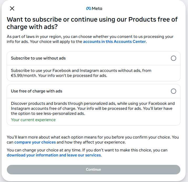 Beidzot saņēmu savu "pieredzes atjauninājumu". Tad nu visiem, kuriem nepatīk reklāma, būs iespēja no tās Meta vidē atteikties, maksājot nieka 6EUR mēnesī.