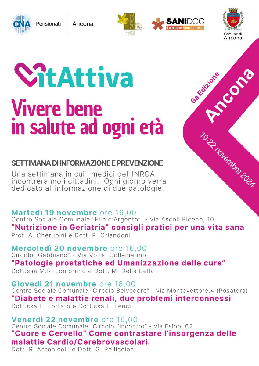 VitAttiva – Durante l'iniziativa, che inizia oggi fino al prossimo 22 novembre, lanciata insieme al Comune di Ancona, a Cna Pensionati e all’organizzazione no-profit Sanidoc, gli specialisti Inrca incontreranno i cittadini per parlare di varie patologie. Ecco il programma
