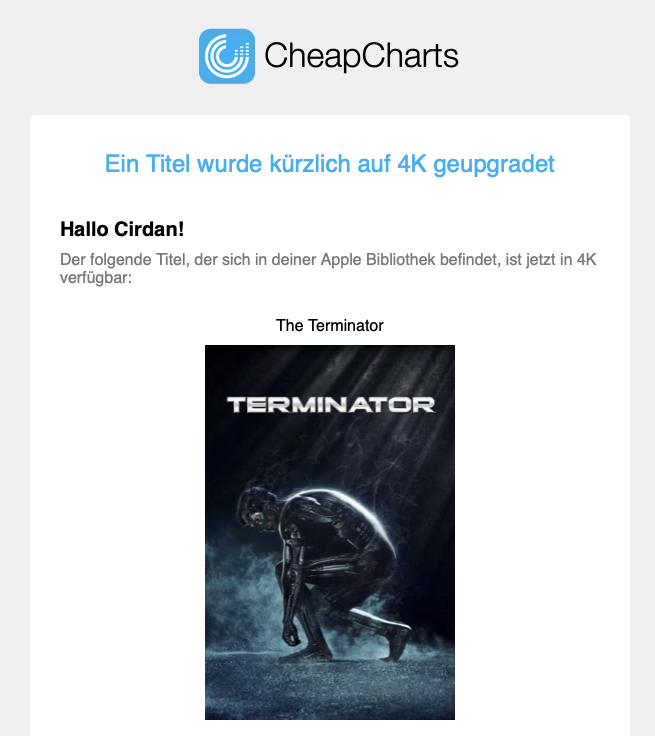 Geilstes Feature bei Apple welches kaum einer kennt. In der Regel werden die Filme geupgradet. Seit heute gibt es Terminator in 4k :) 
BTW: Die App CheapCharts sollte jeder Apple Store Käufer auf seinem Device haben 😀 #apple #terminator #4k #cheapcharts