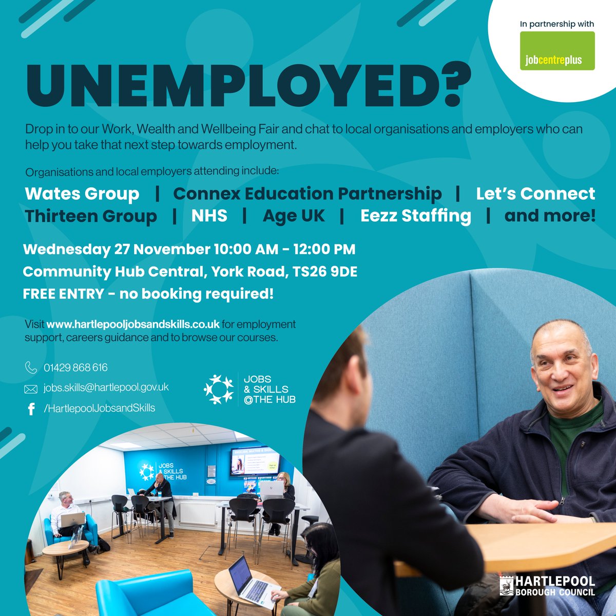 💼 Looking for Your Next Step Towards Employment? 

Don’t miss the chance to connect with local organisations and employers at our Work, Wealth, and Wellbeing Fair!

Wednesday 27 November 10AM - 12PM
Community Hub Central, York Road, TS26 9DE
Free entry – No booking required!