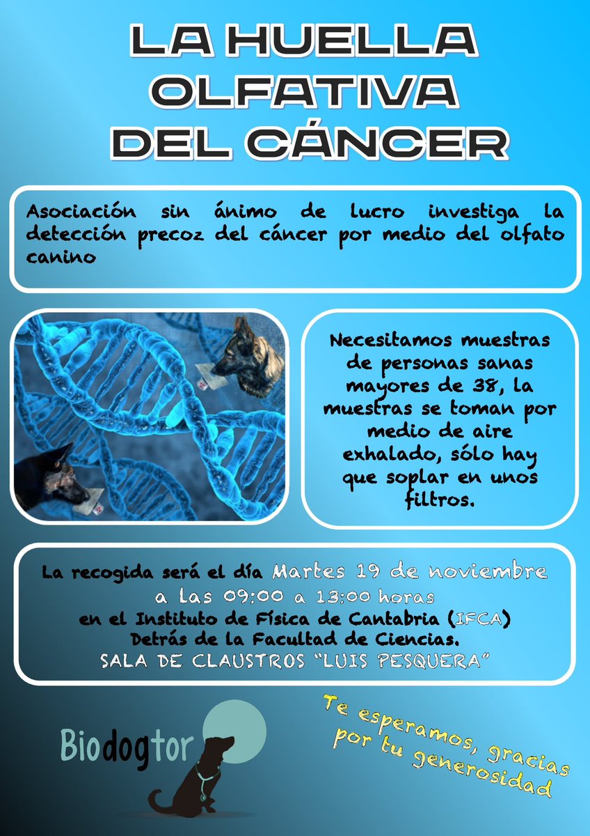 Esta mañana de 9 a 13 h pásate por el <a href="/IFCA_CSIC_UC/">IFCA</a> y participa en esta iniciativa de detección precoz del cáncer por medio del olfato canino.