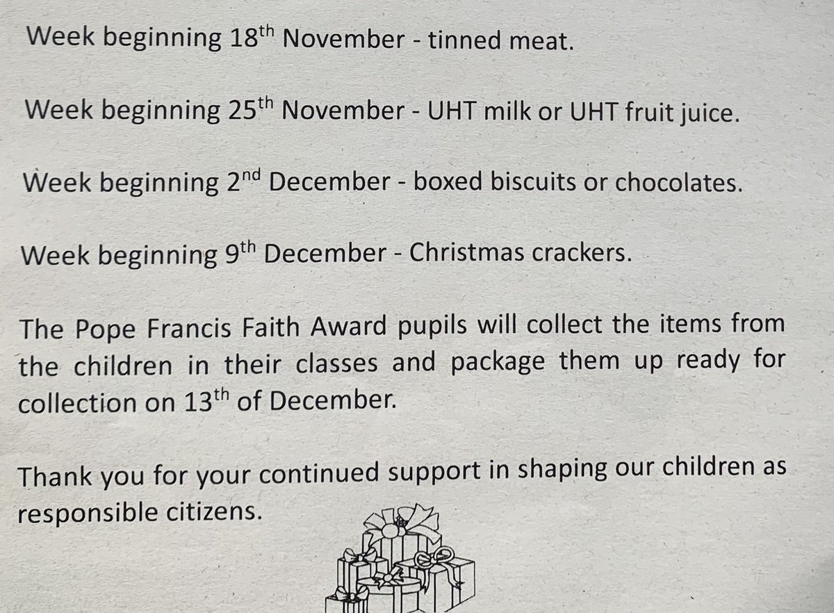 Advent Foodbank collection. 
As we prepare for Christmas in our school and think about those less fortunate than ourselves, the Pope Francis Faith Award children are collecting for Falkirk Foodbank. Please support them by donating the following if you can. Thank you. 🎄🌟