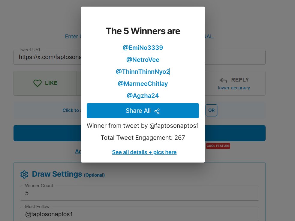 x.com/faptosonaptos1…

Congrats to the five winners. <a href="/ThinnThinnNyo2/">NgoThanhVan 🪔</a> <a href="/Agzha24/">Zhag | ETHGas ⛽️</a>  <a href="/MarmeeChitlay/">Marm Chitlay EmoFi</a> <a href="/NetroVee/">Netro Vee</a> <a href="/EmiNo3339/">EmiNO</a>. Your rewards sent to your given wallets.