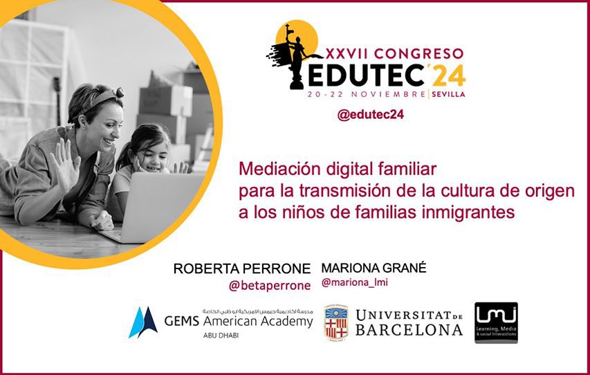 Para aquellos interesados en Digital Parenting, vamos a presentar la investigación de <a href="/betaperrone/">Roberta Perrone</a> y <a href="/mariona_lmi/">Mariona</a> sobre el uso de las tecnologías por parte de familias inimigrantes para transmitir la lengua y la cultura de origen a sus hijos e hijas
en <a href="/edutec_24/">EDUTEC 2024</a>