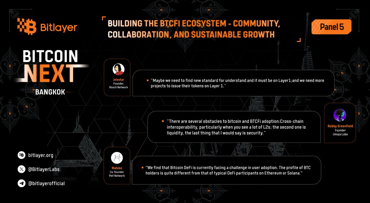 BitlayerLabs's tweet photo. 9/ Recap of Bitcoin Next-Panel 5:Building the BTCFi Ecosystem – Community, Collaboration, and Sustainable Growth @jolestar @RobTG4 @makotouramura 

🌐The final panel centered around the topic of Building the BTCFi Ecosystem: Community, Collaboration, and Sustainable Growth. The speakers discussed the current difficulties and challenges faced by BTCFi products, as well as corresponding strategies for overcoming them.