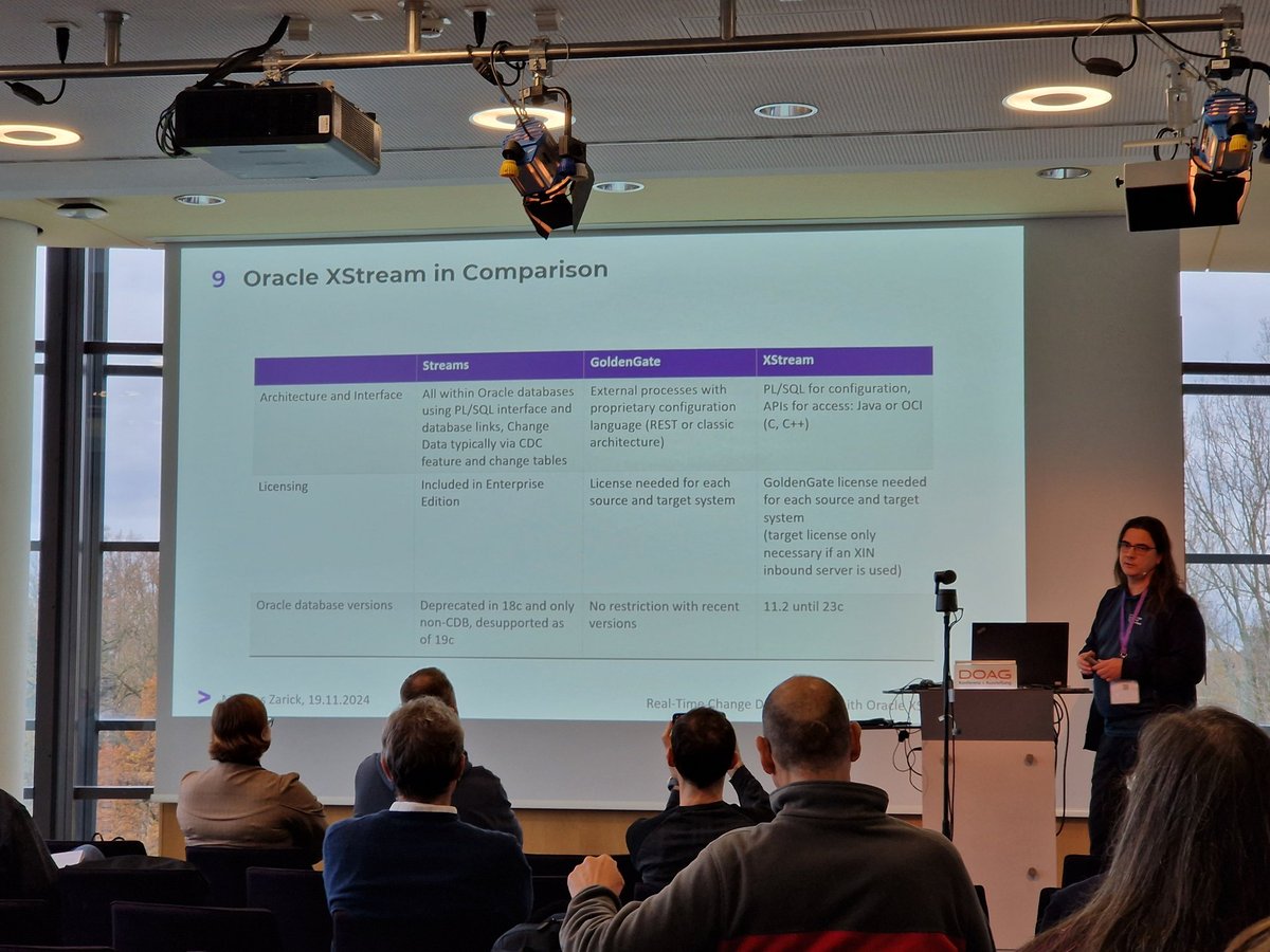 Realtime Change Data Capture (#CDC) with #Oracle XStream presented by <a href="/MathiasZarick/">Mathias Zarick</a> <a href="/Accenture/">Accenture</a> at #DOAG2024. Comparing with other replication functionality.
