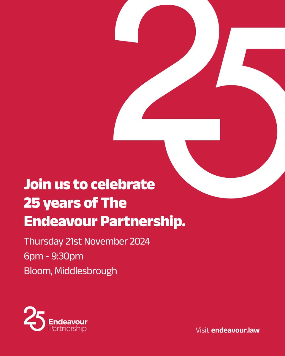 The Endeavour Partnership (@endeavour_law) on Twitter photo Celebrating 25 years in business 🍾
We’re looking forward to welcoming clients, contacts and guests to Bloom on Thursday evening.
If you've missed your invite and would like to attend, please get in touch with a member of the team: events@endeavour.law Celebrating 25 years in business 🍾
We’re looking forward to welcoming clients, contacts and guests to Bloom on Thursday evening.
If you've missed your invite and would like to attend, please get in touch with a member of the team: events@endeavour.law
