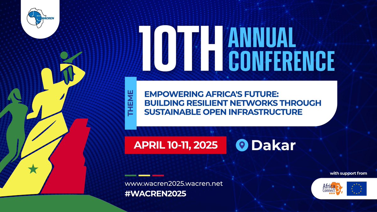 WACREN (@wacren) on Twitter photo โจ The 10th WACREN Annual Conference is heading to "The Land of Teranga" - Senegal! ๐ธ๐ณ๐
Save the date: 10-11 April 2025 ๐ฏ Theme: ๐๐บ๐ฝ๐ผ๐๐ฒ๐ฟ๐ถ๐ป๐ด ๐๐ณ๐ฟ๐ถ๐ฐ๐ฎ'๐ ๐๐๐๐๐ฟ๐ฒ: ๐๐๐ถ๐น๐ฑ๐ถ๐ป๐ด ๐ฅ๐ฒ๐๐ถ๐น๐ถ๐ฒ๐ป๐ ๐ก๐ฒ๐๐๐ผ๐ฟ๐ธ๐ ๐๐ต๐ฟ๐ผ๐๐ด๐ต ๐ฆ๐๐๐๐ฎ๐ถ๐ป๐ฎ๐ฏ๐น๐ฒ โจ The 10th WACREN Annual Conference is heading to "The Land of Teranga" - Senegal! ๐ธ๐ณ๐
Save the date: 10-11 April 2025 ๐ฏ Theme: ๐๐บ๐ฝ๐ผ๐๐ฒ๐ฟ๐ถ๐ป๐ด ๐๐ณ๐ฟ๐ถ๐ฐ๐ฎ'๐ ๐๐๐๐๐ฟ๐ฒ: ๐๐๐ถ๐น๐ฑ๐ถ๐ป๐ด ๐ฅ๐ฒ๐๐ถ๐น๐ถ๐ฒ๐ป๐ ๐ก๐ฒ๐๐๐ผ๐ฟ๐ธ๐ ๐๐ต๐ฟ๐ผ๐๐ด๐ต ๐ฆ๐๐๐๐ฎ๐ถ๐ป๐ฎ๐ฏ๐น๐ฒ