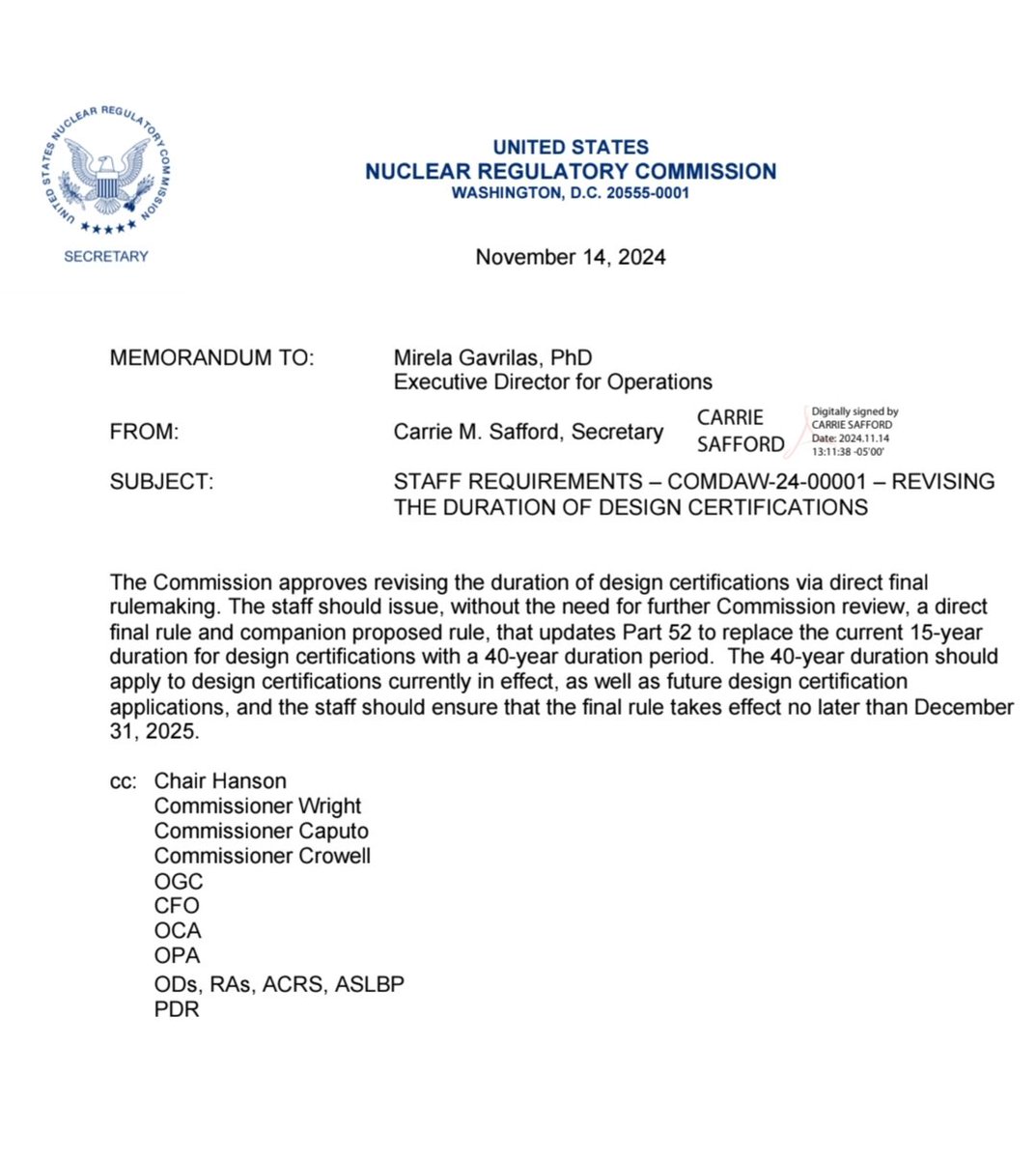 NotCommission's tweet image. 🚨 The NRC's move to extend design certifications to 40 years is a step in the right direction for nuclear energy! But we need more reforms to cut red tape &amp;amp; speed up reactor deployment. 🚀 Advanced nuclear is key for clean energy &amp;amp; climate goals! 🌎⚡ #NuclearEnergy #CleanPower