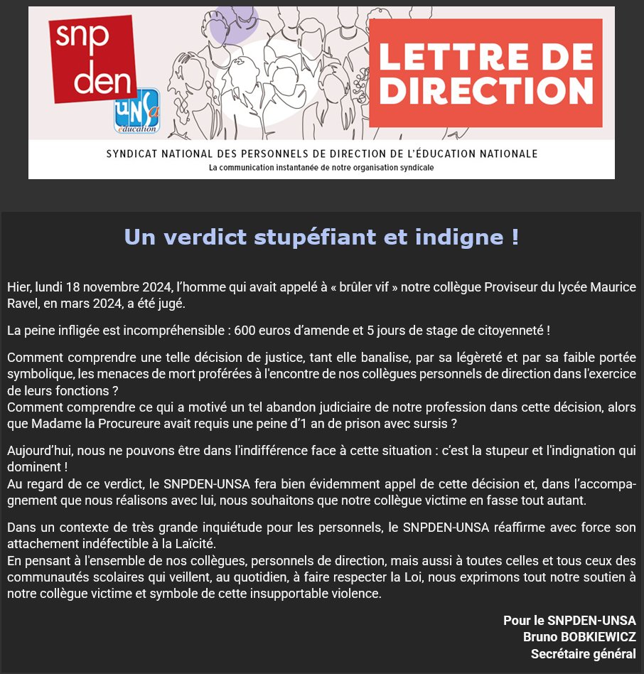 😡Un verdict stupéfiant et indigne !
L'homme qui avait appelé, à "brûler vif" notre collègue proviseur s'est vu infliger une peine de 600 € + 5 j. stage citoyenneté... après des réquisitions beaucoup plus sévères.
‼️ Un abandon judiciaire inacceptable !
➡️Nous faisons appel !