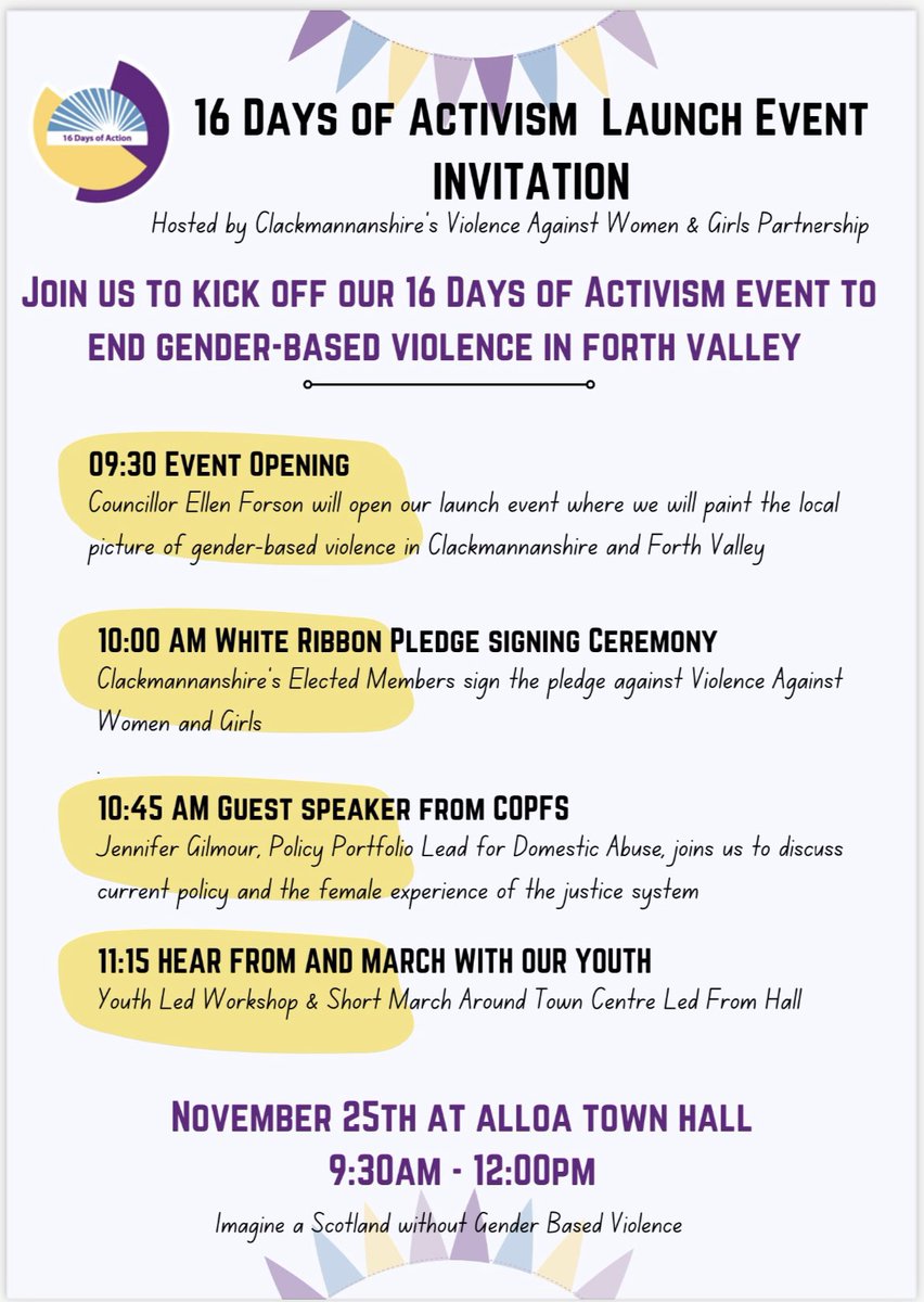 📣Please join us to kick off #16 Days of Activism Event to end Gender Based Violence in Forth Valley 

Monday 25 Nov, 9.30am, Alloa Town Hall
🟣
Imagine A Scotland Free From Gender Based Violence!

#16daysofactivism