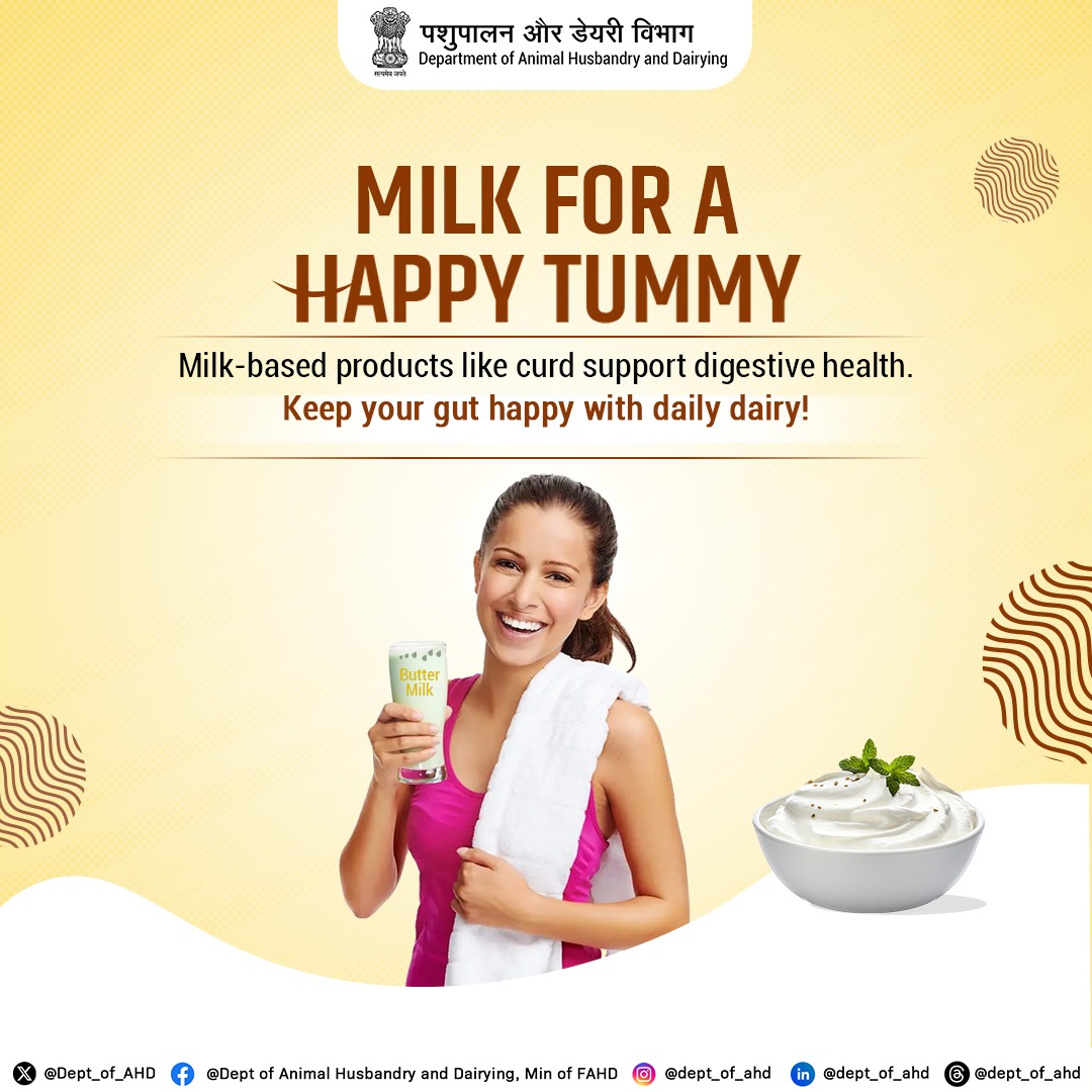 Dept_of_AHD's tweet image. Feel Good, Gut Happy 
Milk and milk-based products like curd help support digestive health. Keep your tummy content with daily dairy!
#GutHealth #DairyDelights #NationalMilkDay