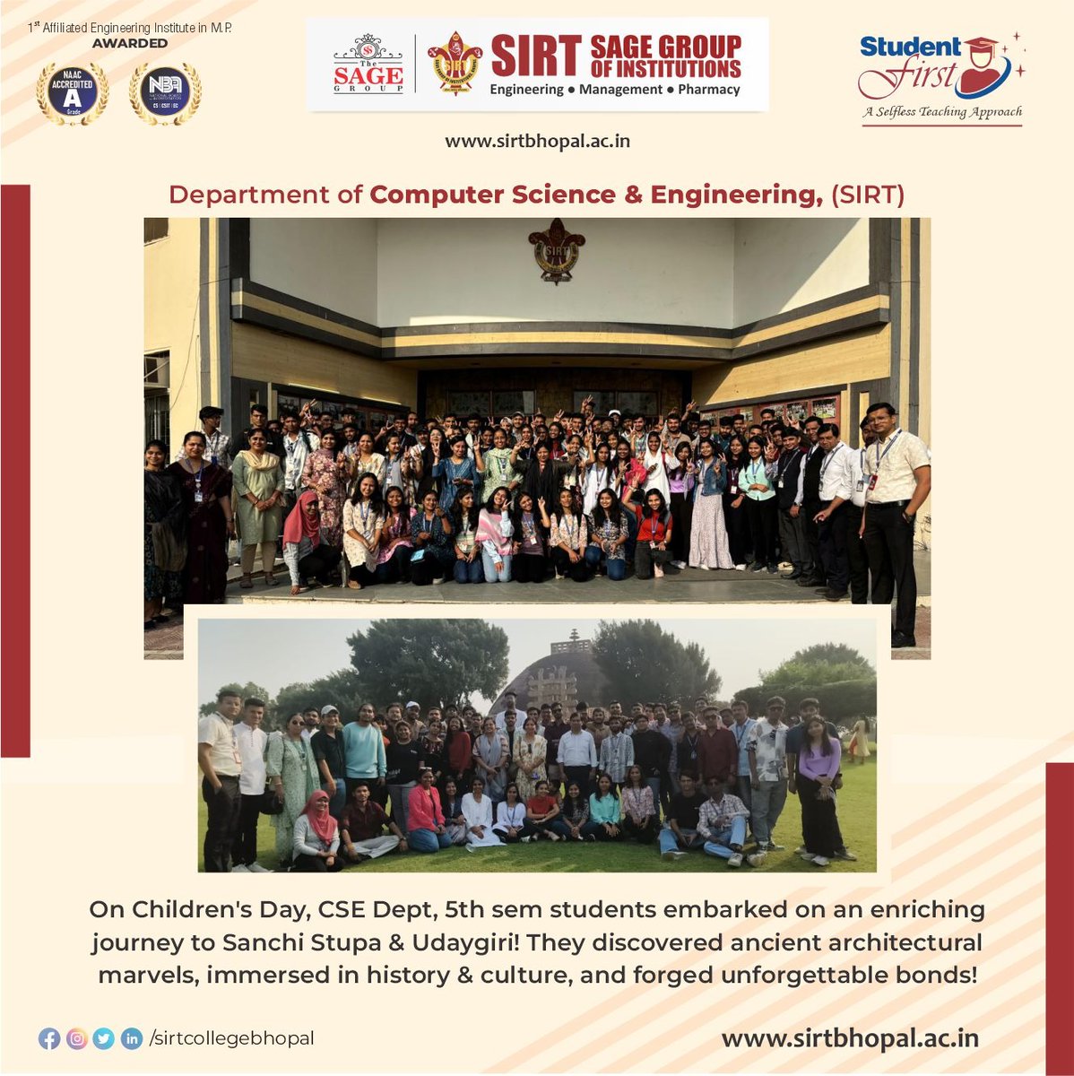 SIRT_BHOPAL's tweet image. On Children&apos;s Day, our CSE Department, 5th sem students embarked on an enriching journey to Sanchi Stupa &amp;amp; Uday giri!
They discovered ancient architectural marvels, immersed in history &amp;amp; culture, and forged unforgettable bonds.✨💫

#ChildrensDayFun #CSEDept #EducationalTour