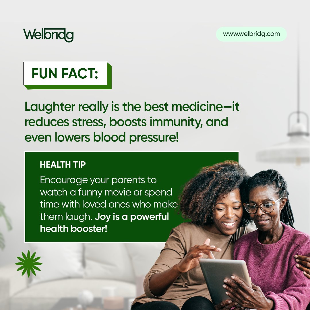 welbridg's tweet image. Laughter triggers the release of endorphins, your body’s feel-good chemicals. 
It can also improve circulation and reduce the risk of heart disease.

What’s your parents’ favorite comedy? Let’s spread some laughter!

#FunHealthFact #LaughterIsMedicine #Welbridg