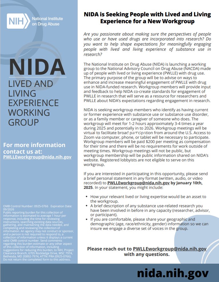 NIDA invites people with lived/living experience of substance use to join new workgroup. The primary purpose of the group is to advise ways to enhance and increase meaningful engagement of people with lived or living experience with drug use in research.

nida.nih.gov/about-nida/adv…