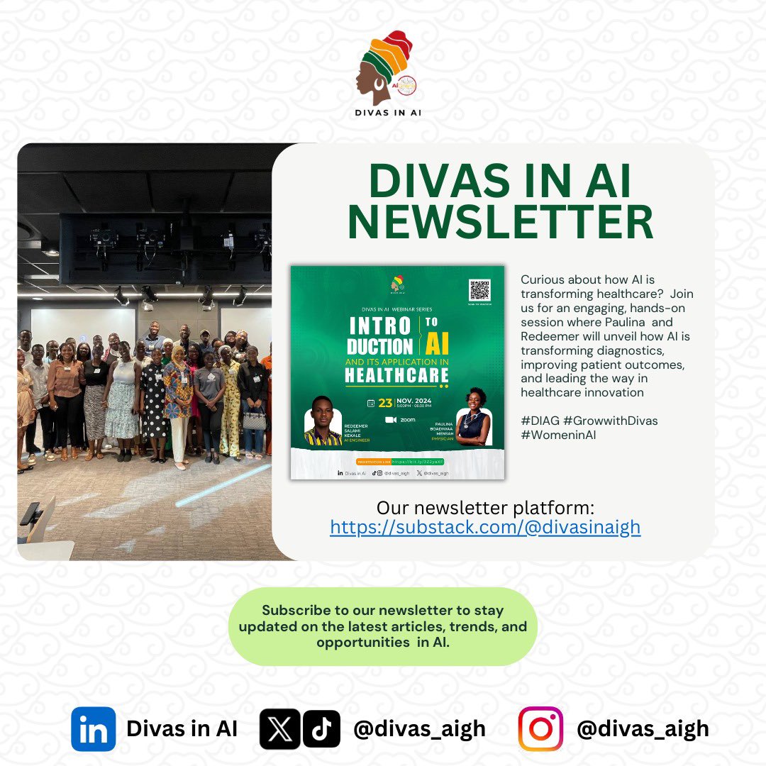 divas_aigh's tweet photo. Hello Divas ๐!
Weโre excited to announce our newsletter platform. Subscribe and be the first to know about the latest #AI breakthroughs, our events, opportunities and industry trends.
#DiAG #GrowwithDivas #WomeninAl #DivasNewsletter https://t.co/74YUzINCak