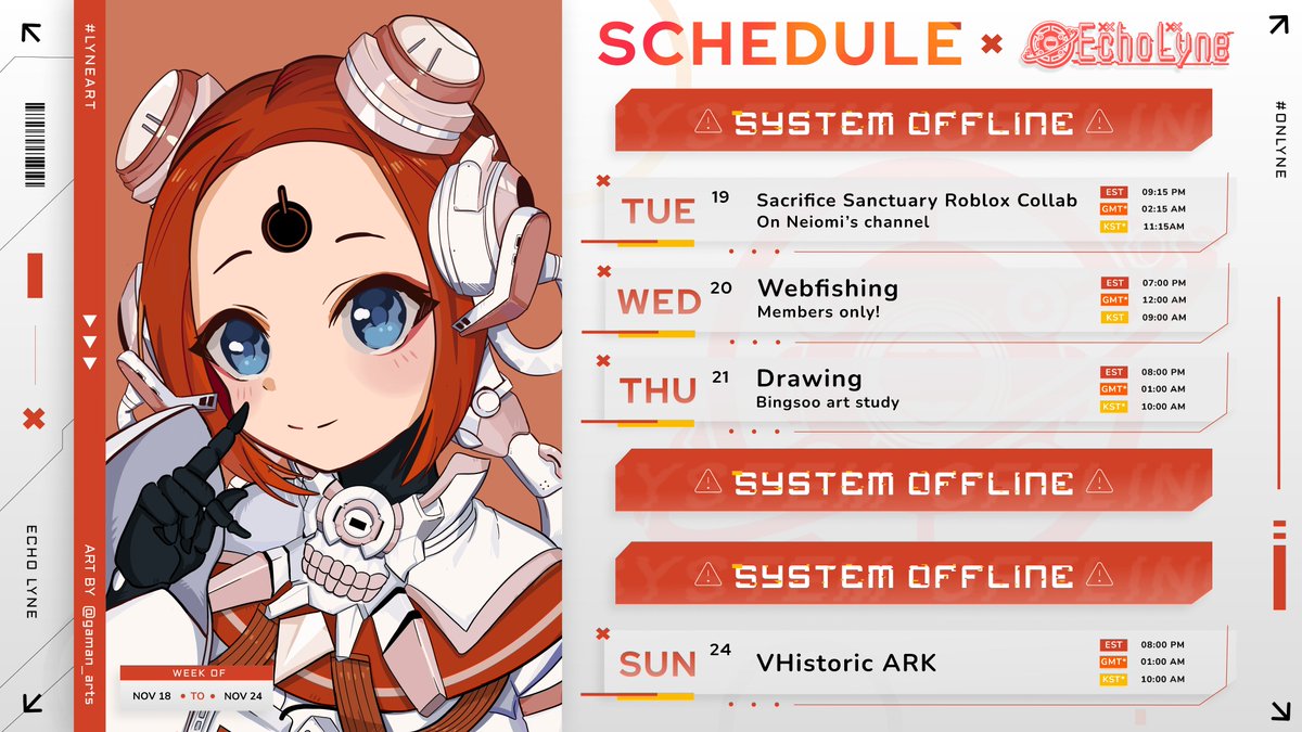 EchoVNU's tweet photo. 🪫 SCHEDULE 11/18 - 11/24 🪫
Joining the VHistoric ARK server this weekend!!! I've never played ARK before. It's gonna be great. I'm excited for chaos.
Live: #OnLyne
Art: #LyneArt
Meme: #Echopium
Clips: #Echollection
Oshi Mark: 🪫 https://t.co/7mSiD6FM8I