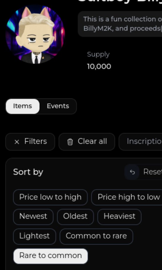 NintondoWallet's tweet image. Now you can check the rarity rank of each inscription in the belinal collections on Nintondo marketplace. Powered by MoonRank.
Easily find rare inscriptions of your favorite collection with new sorting options: "Common to Rare" & "Rare to Common".