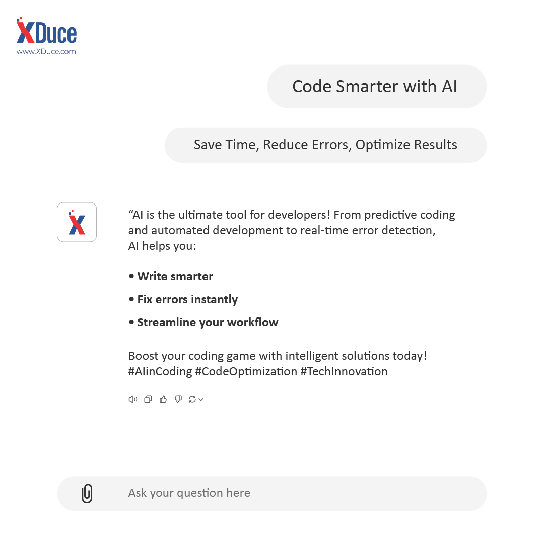 XDuceCorp's tweet image. Work smarter, not harder! 💻✨
Leverage AI to boost your coding skills with predictive coding, real-time error detection, and automated solutions.
🚀 Start optimizing your workflow today!
#xduce #AIInCoding #TechInnovation #CodeSmarter #DigitalTransformation #trendingnow