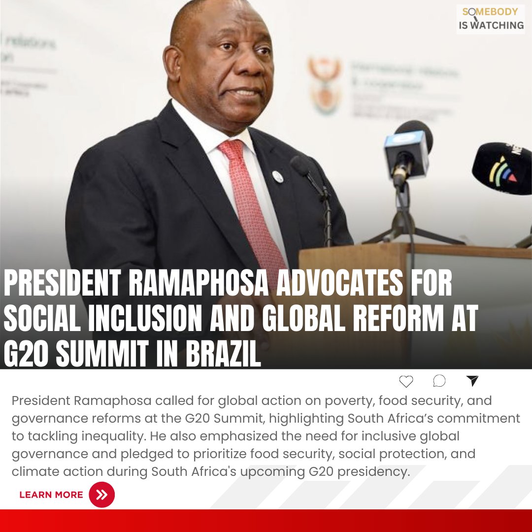 siwnews's tweet image. [READ] President @CyrilRamaphosa advocates for social inclusion and global governance reform at the G20 Summit in Brazil. @GautengProvince #G20 #GlobalReform #SocialInclusion #siwnews
Full Articles: siwnews.com/2024/11/19/pre…