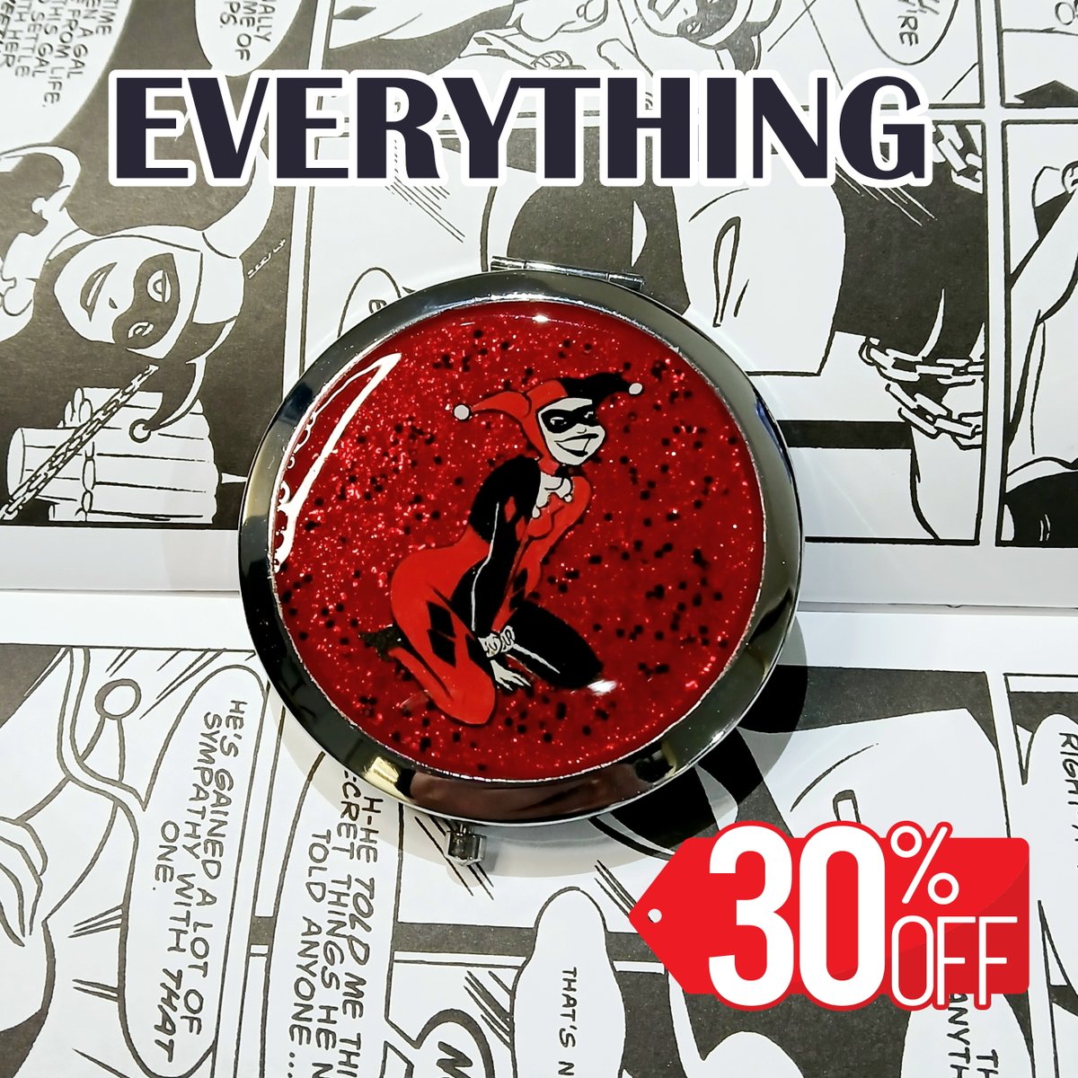 femmecraft's tweet photo. This hand painted Harley Quinn cosmetic mirror and everything else in my store is currently 30% off, spread the word! https://t.co/6Eo85R5A8q