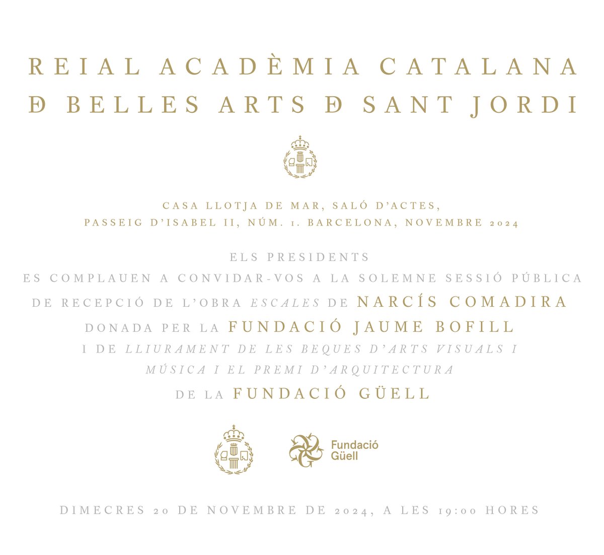 Demà, 20 de novembre, a la #RACBASJ:
👉Recepció de l'obra "Escales" de Narcís Comadira, donació de la <a href="/FundacioBofill/">Fundació Bofill</a>.
👉Lliurament de les beques d'arts visuals i música i el premi d'arquitectura de la Fundació Güell.
Us hi esperem!