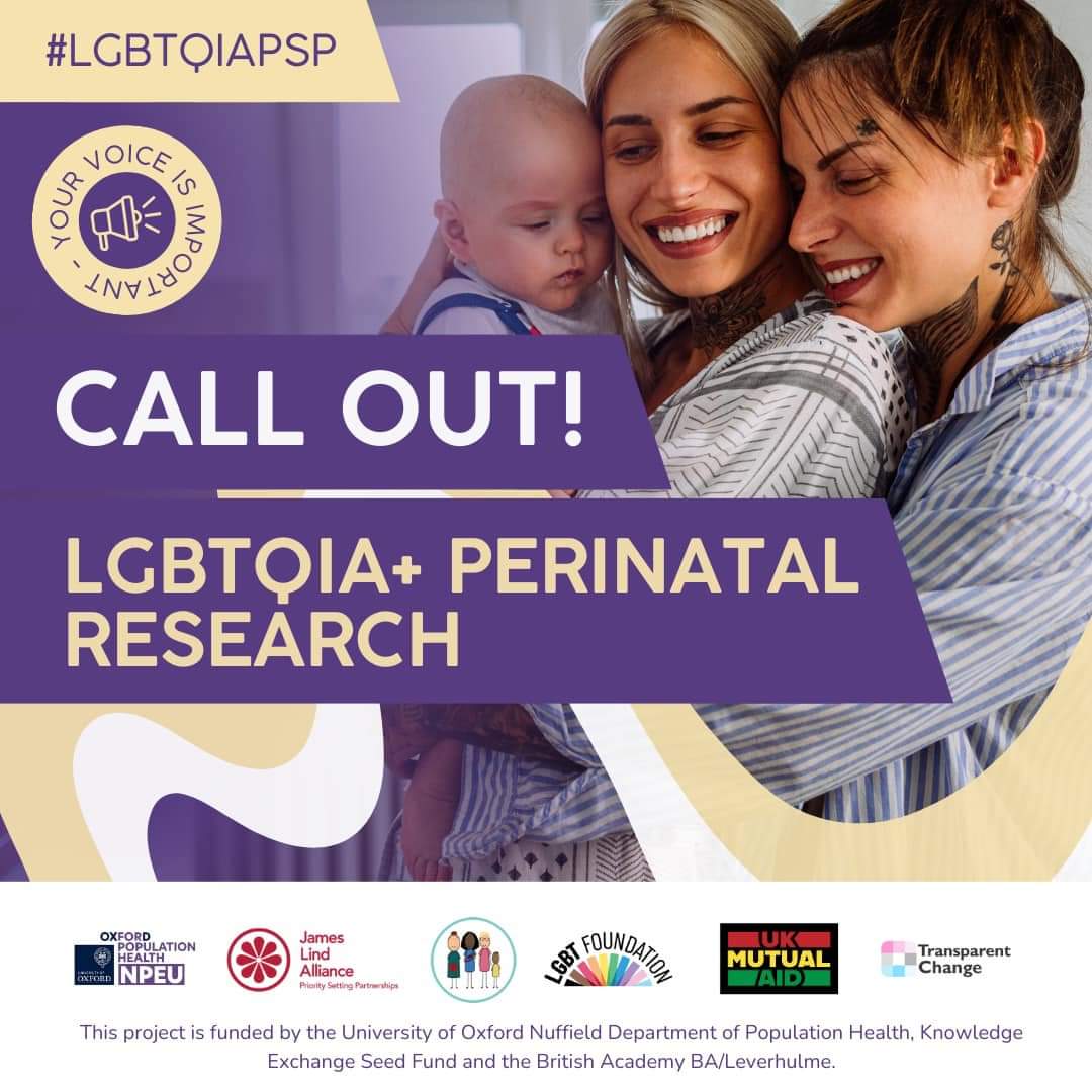 UNIVERSITY OF OXFORD LGBTQIA+ SURVEY🏳️‍🌈

For:
❤️LGBTQIA+ people
❤️Their family and supporters
❤️Perinatal healthcare professionals
❤️Surrogates and those who have donated sperm or eggs 
 
You need to live or work in the UK

🏳️‍🌈GO DIRECT TO THE SURVEY:🏳️‍🌈
bit.ly/3Bev2zp