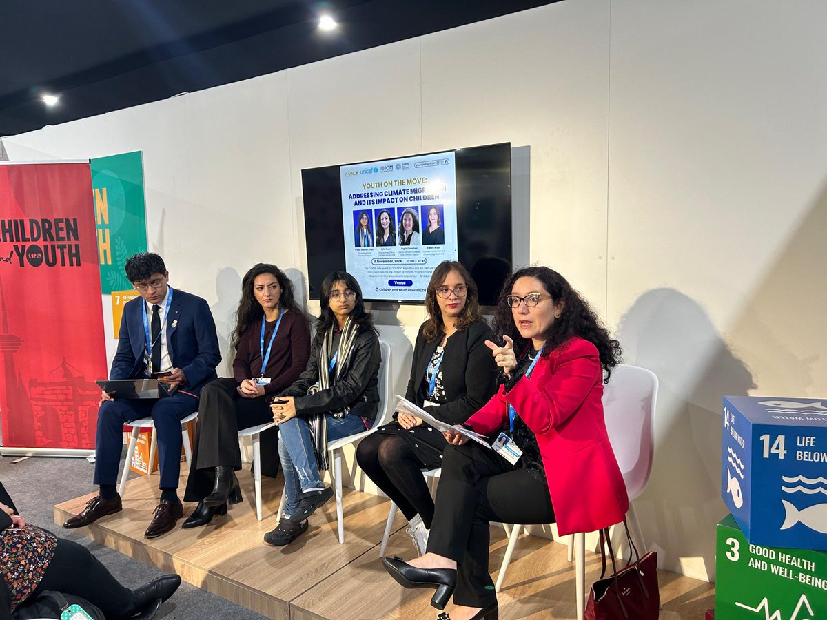 YOUNGOMIGRATION's tweet photo. At @COP29_AZ , the @youngo_unfccc Migration WG organized a side event titled "Youth on the Move: Addressing Climate Mobility and its Impact on Children." 

 What you need to know?
● Millions of children are already being driven from their homes by weather-related events.
#COP29 https://t.co/Vi5gbVss2r