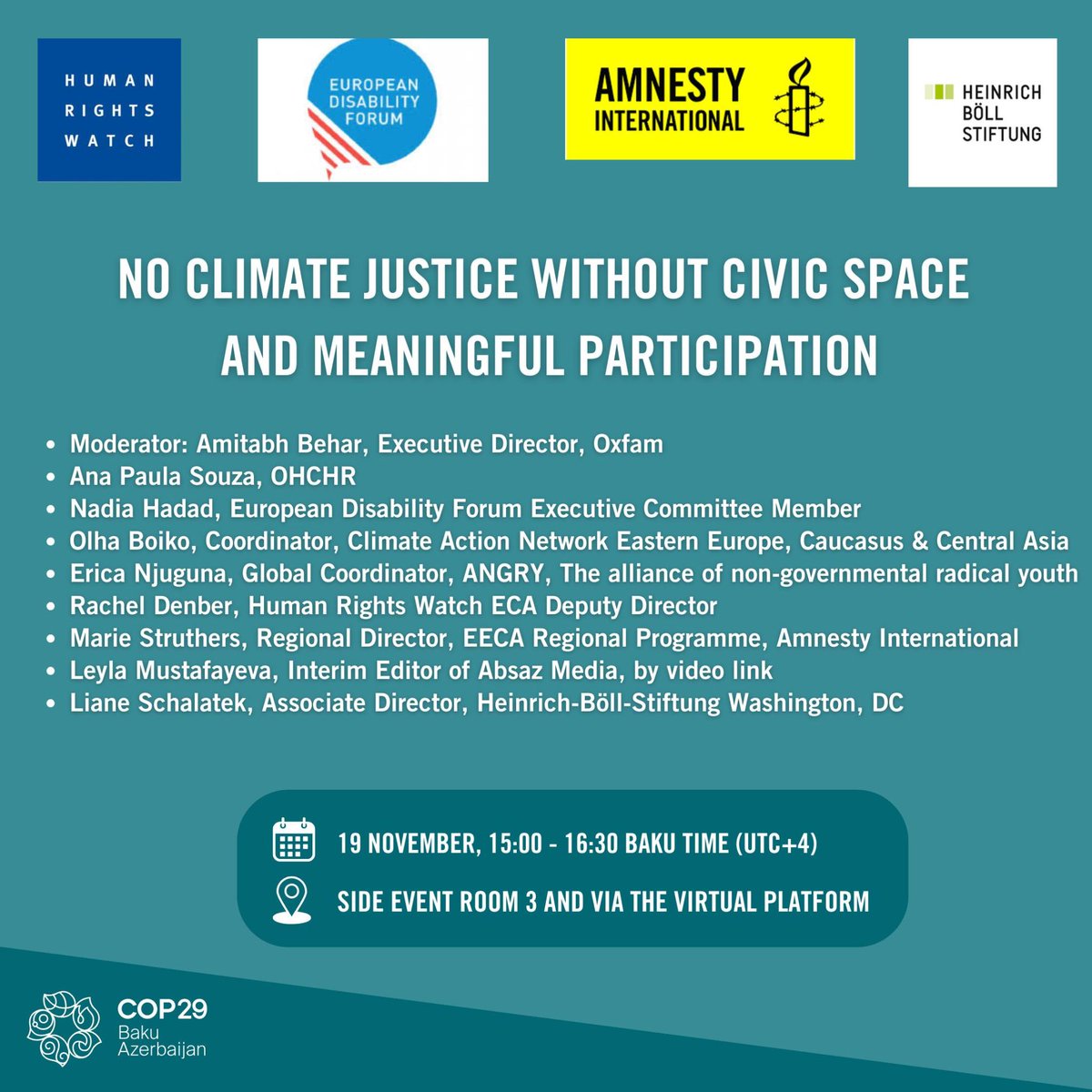 Join our event today on civic space and meaningful participation at #COP29 in #Baku or on the virtual platform (for delegates) 🌱